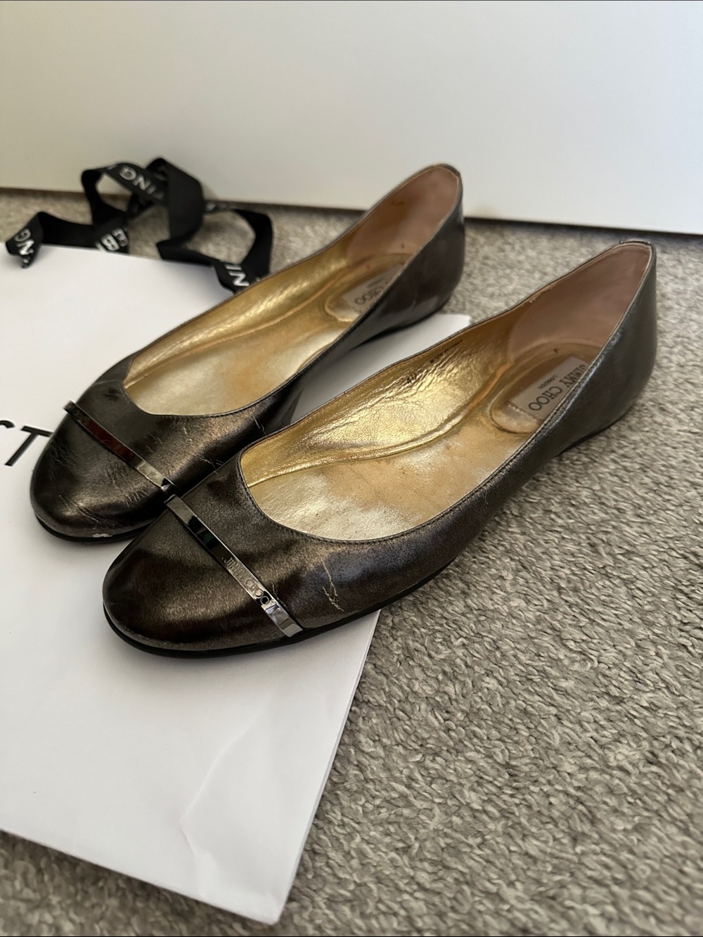 Jimmy Choo Metallic Bronze Ballet Flats with Toe Bar